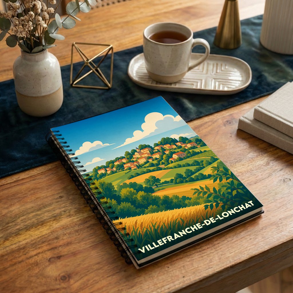 Carnet souvenir de Villefranche-de-Lonchat avec une illustration stylisée de son paysage vallonné.