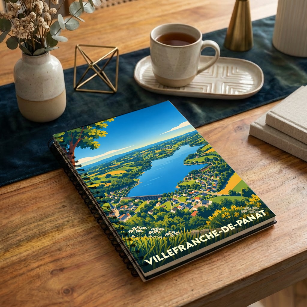 Carnet souvenir de la ville de Villefranche-de-Panat avec une illustration stylisée de son lac et de ses paysages.