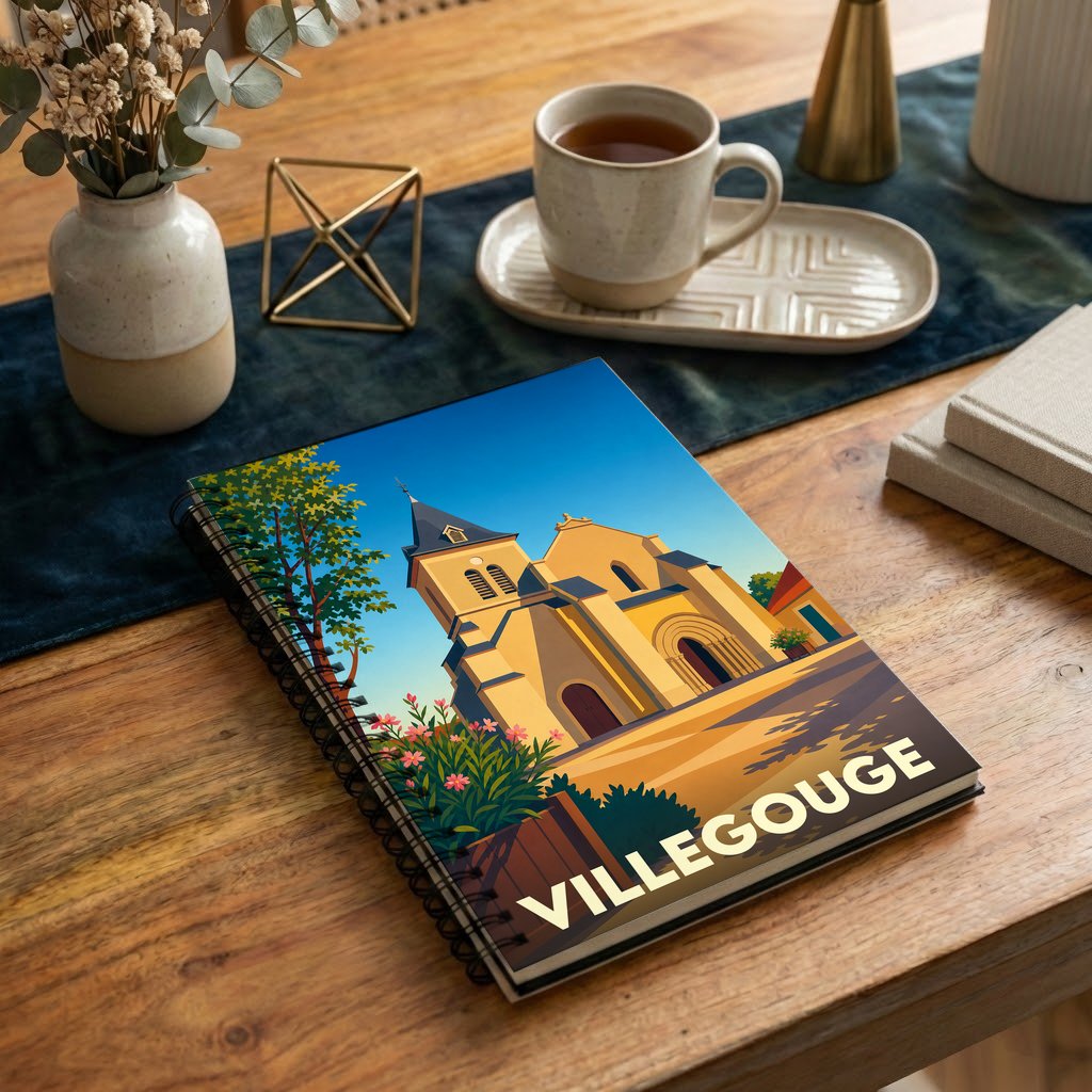 Carnet à spirale souvenir de la ville de Villegouge avec une illustration stylisée de son église.