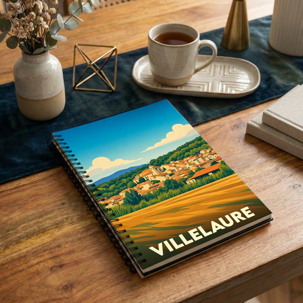 Carnet de notes souvenir de Villelaure arborant une illustration stylisée d'un paysage provençal.