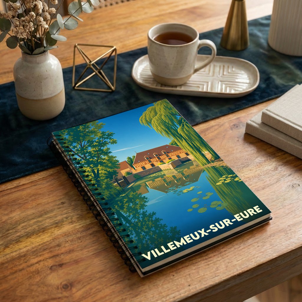 Carnet à spirales souvenir de la ville de Villemeux-sur-Eure avec une illustration stylisée.