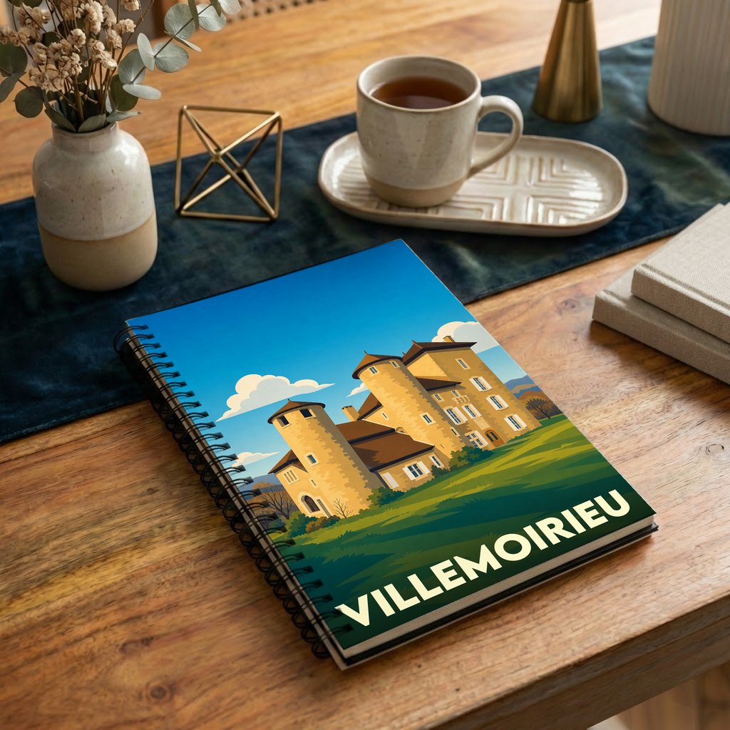 Carnet souvenir de la ville de Villemoirieu avec une illustration stylisée d'un château.
