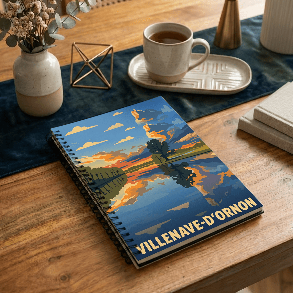 Carnet souvenir de la ville de Villenave-d'Ornon avec une illustration stylisée d'un paysage au coucher du soleil.