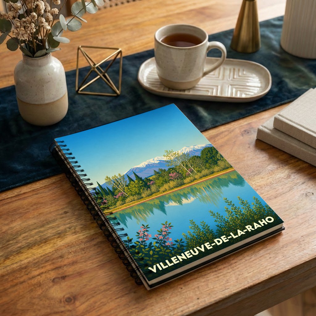 Carnet souvenir de la ville de Villeneuve-de-la-Raho avec une illustration stylisée d'un lac de montagne.