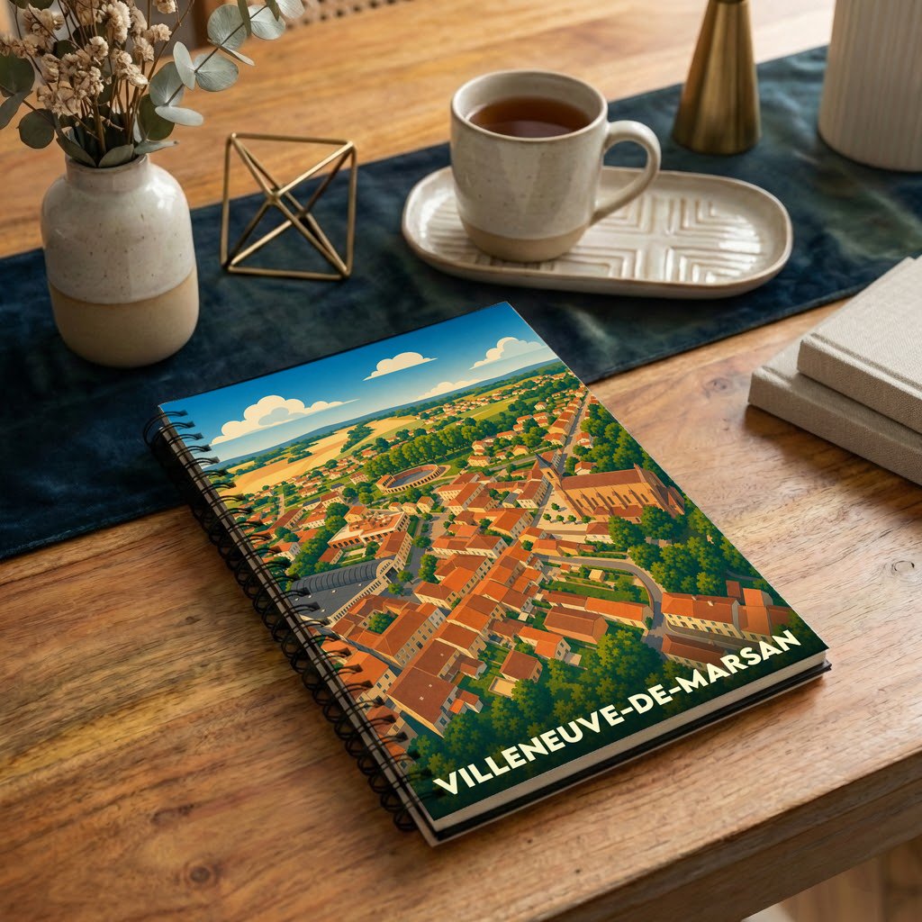Carnet souvenir de la ville de Villeneuve-de-Marsan avec une illustration aérienne colorée et stylisée.