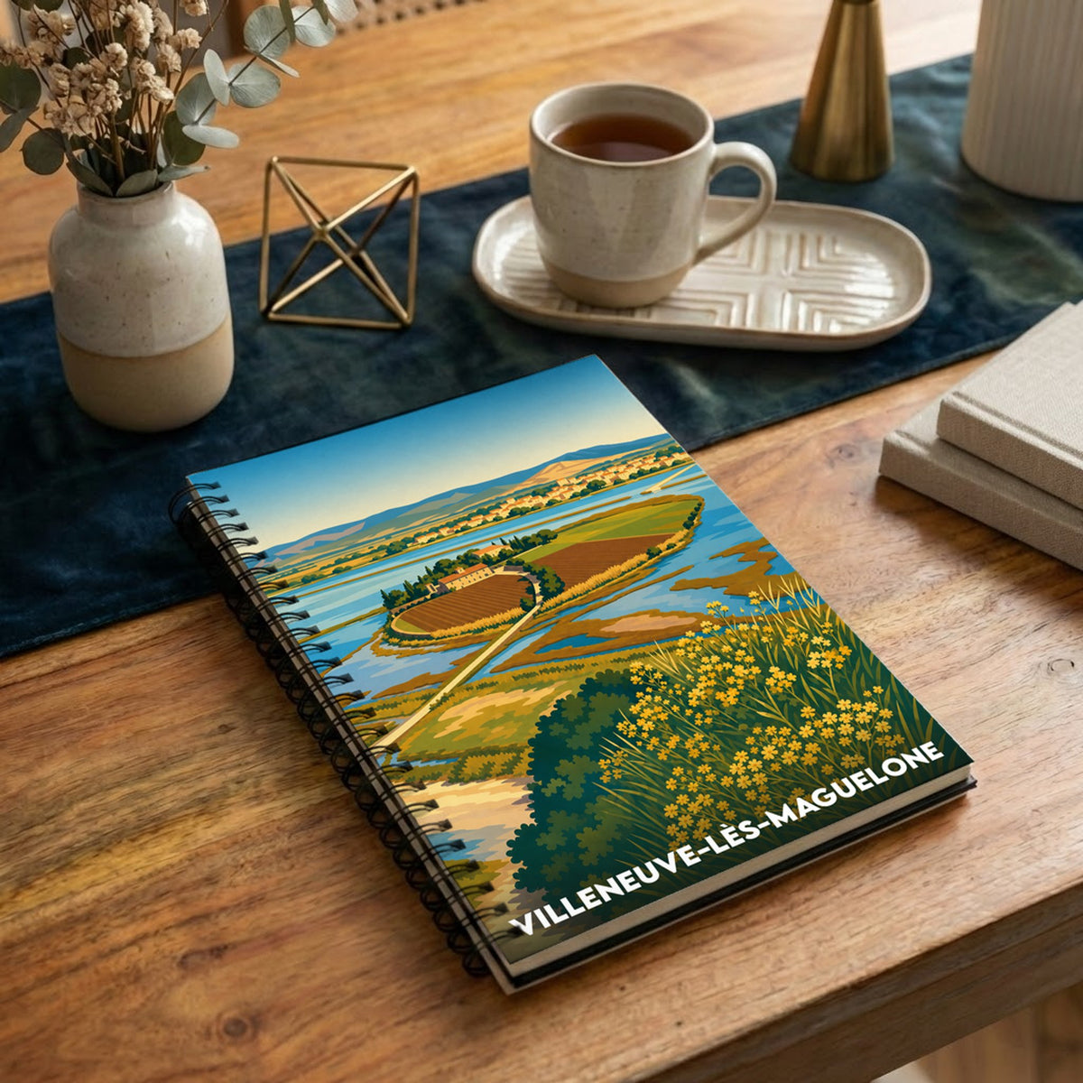 Carnet souvenir de Villeneuve-lès-Maguelone avec une illustration stylisée de son abbaye et des étangs environnants.