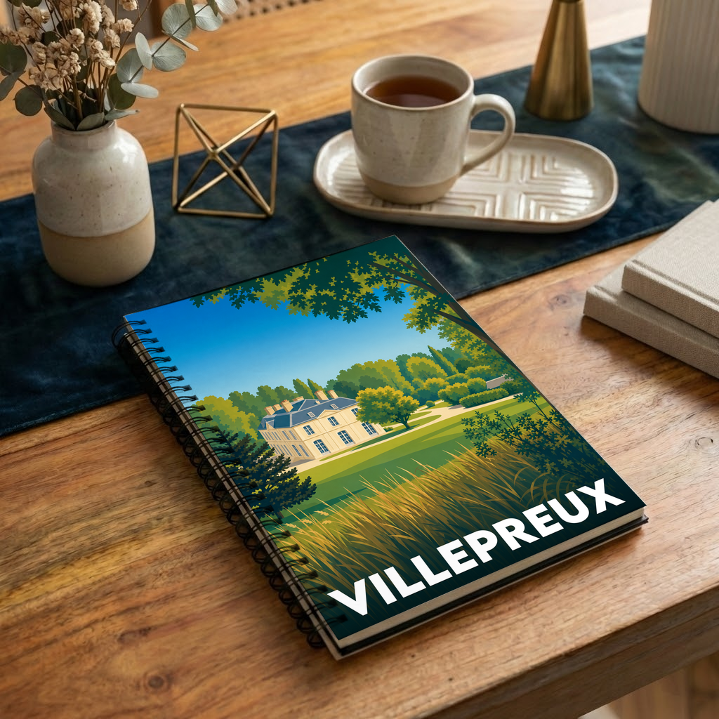 Carnet souvenir de la ville de Villepreux avec une illustration stylisée d'un château et de son parc.
