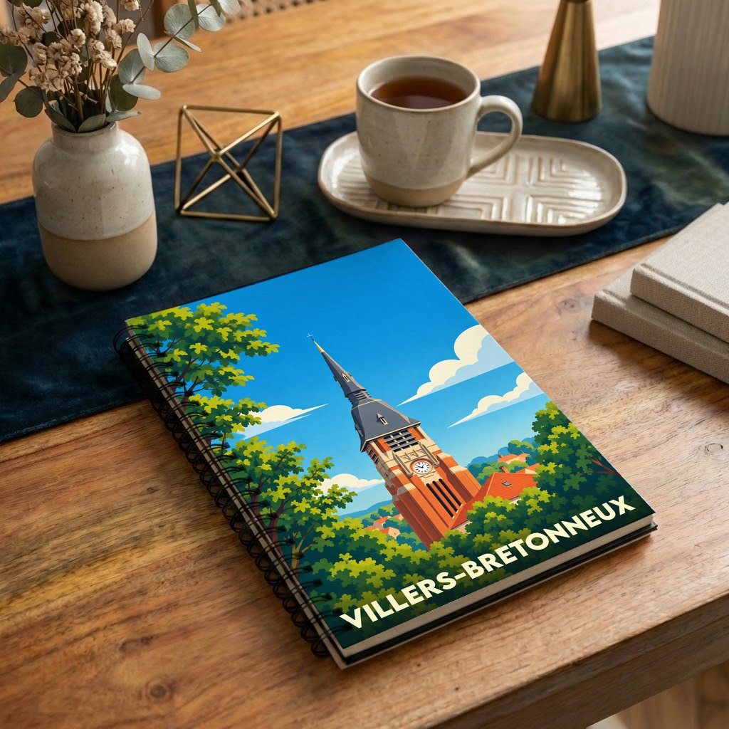 Carnet à spirales souvenir de Villers-Bretonneux avec une illustration stylisée de son église au milieu des arbres.