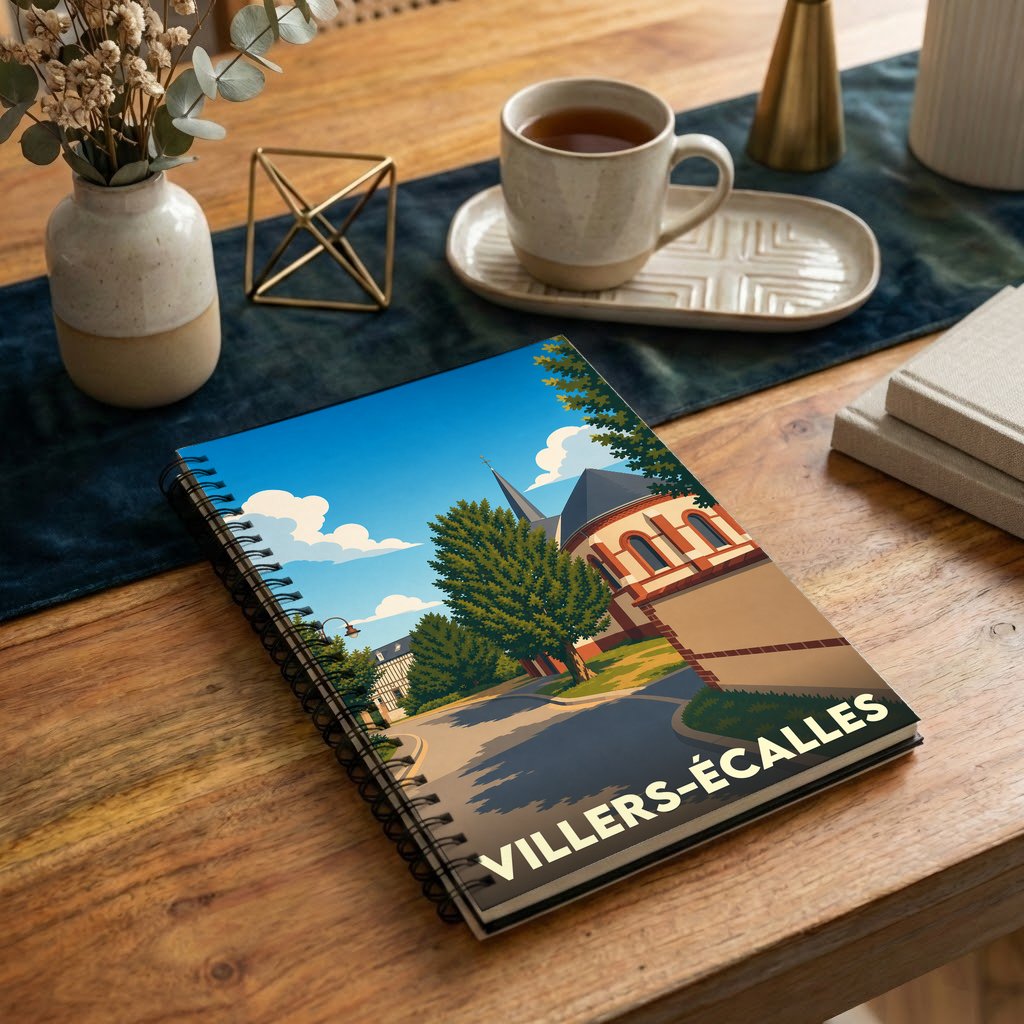 Carnet souvenir de la ville de Villers-Écalles avec une illustration stylisée.