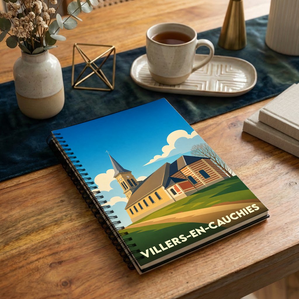 Carnet souvenir à spirales de la ville de Villers-en-Cauchies avec une illustration stylisée.