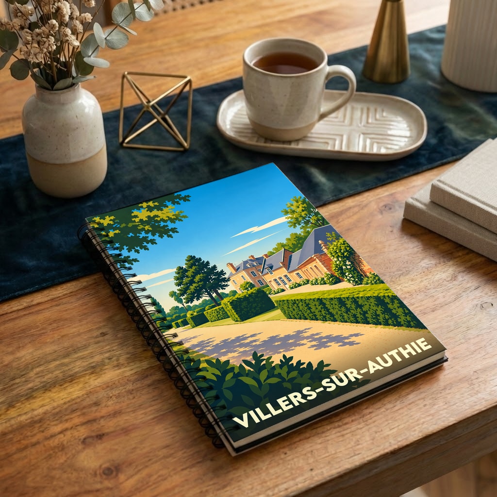 Carnet de notes souvenir de la ville de Villers-sur-Authie avec une illustration stylisée de son château.