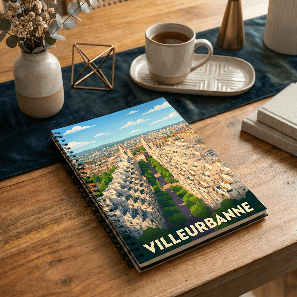 Carnet souvenir de la ville de Villeurbanne avec une illustration urbaine stylisée.