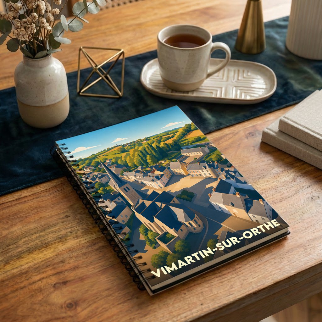 Carnet à spirales souvenir de la ville de Vimartin-sur-Orthe avec une illustration stylisée.
