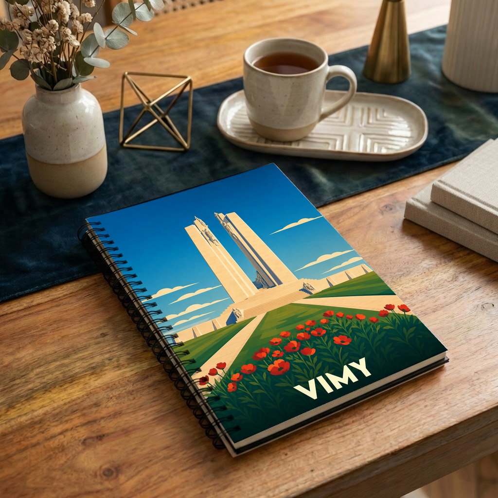 Carnet à spirales souvenir de Vimy avec une illustration stylisée du mémorial et de coquelicots.