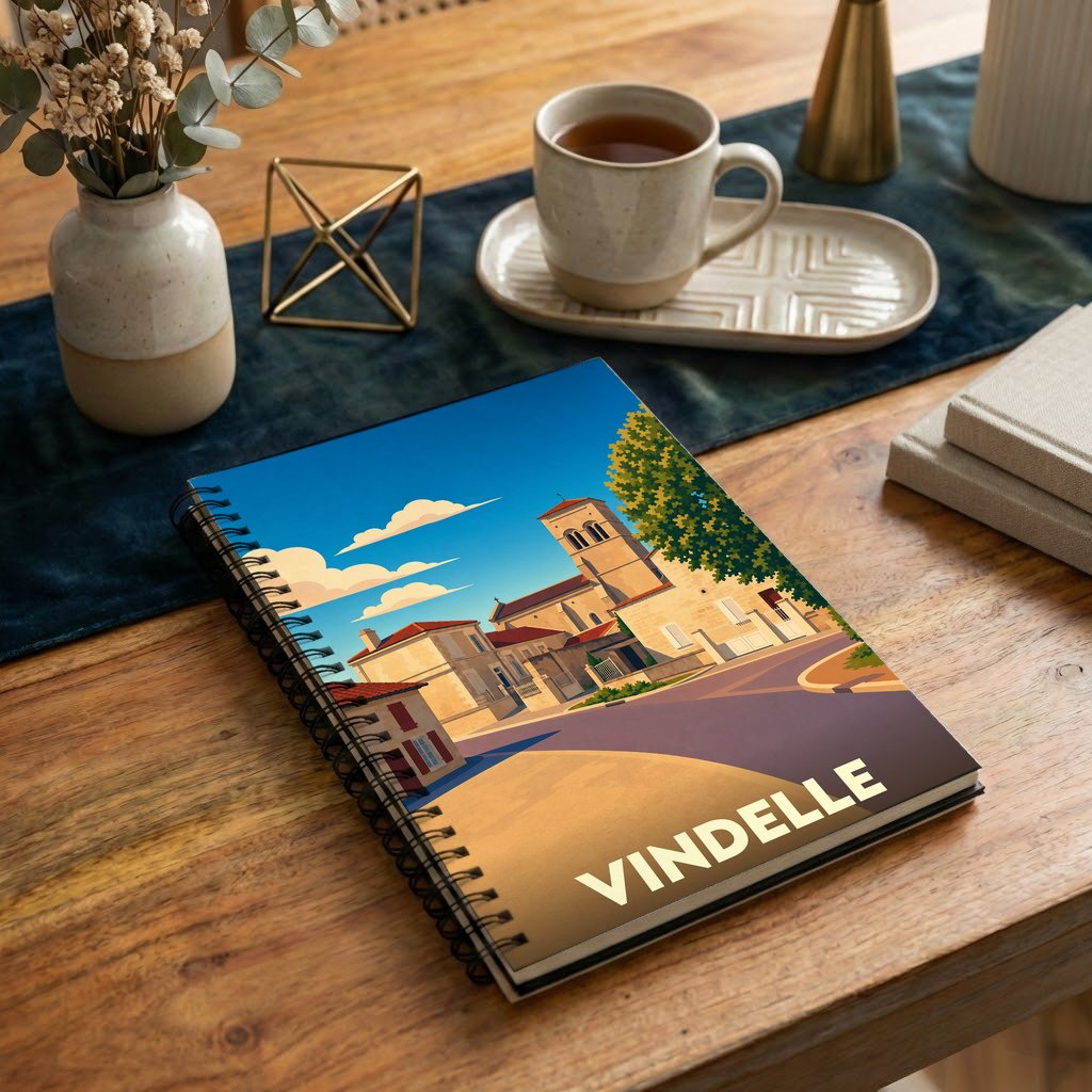 Carnet à spirales souvenir de la ville de Vindelle avec une illustration stylisée.