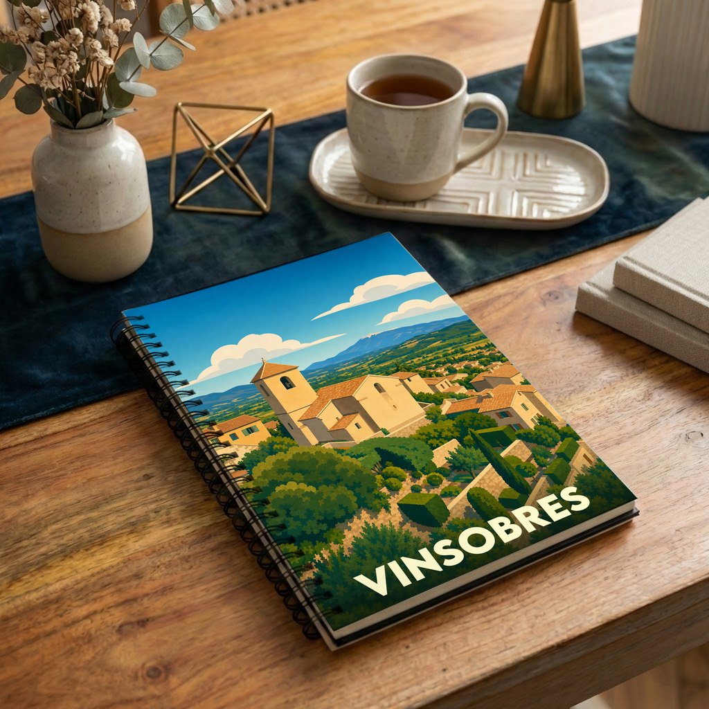 Carnet à spirales souvenir de la ville de Vinsobres avec une illustration stylisée de son village provençal.
