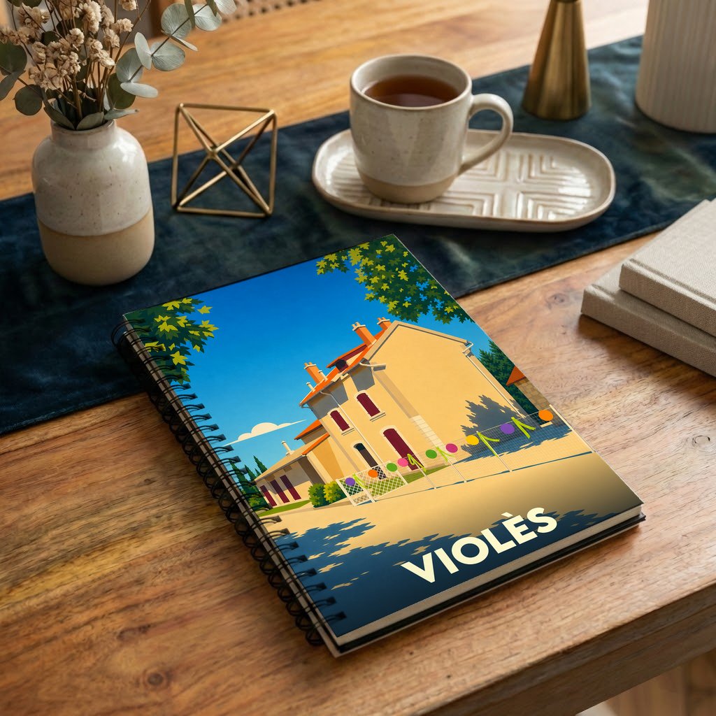 Carnet souvenir de la ville de Violès avec une illustration stylisée.
