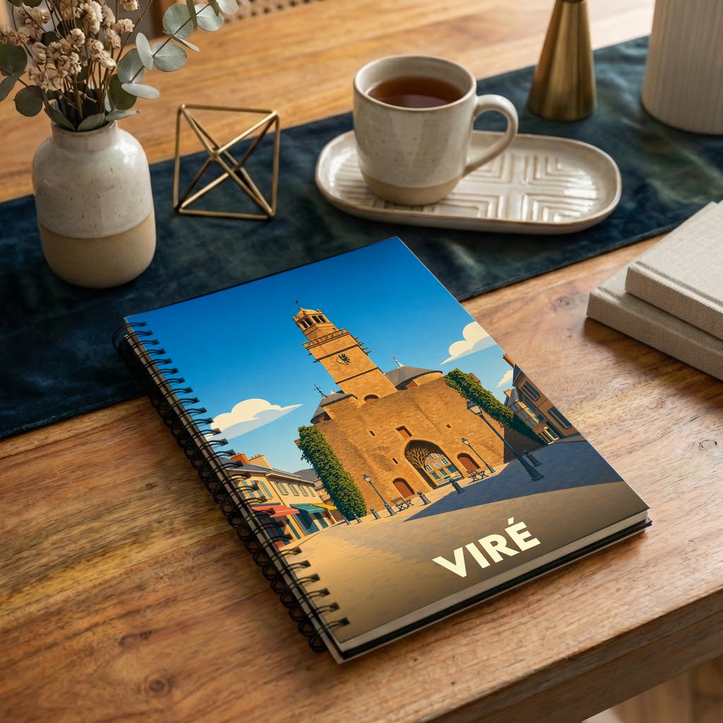 Carnet à spirale souvenir de la ville de Viré illustré d'un dessin stylisé de sa porte monumentale.