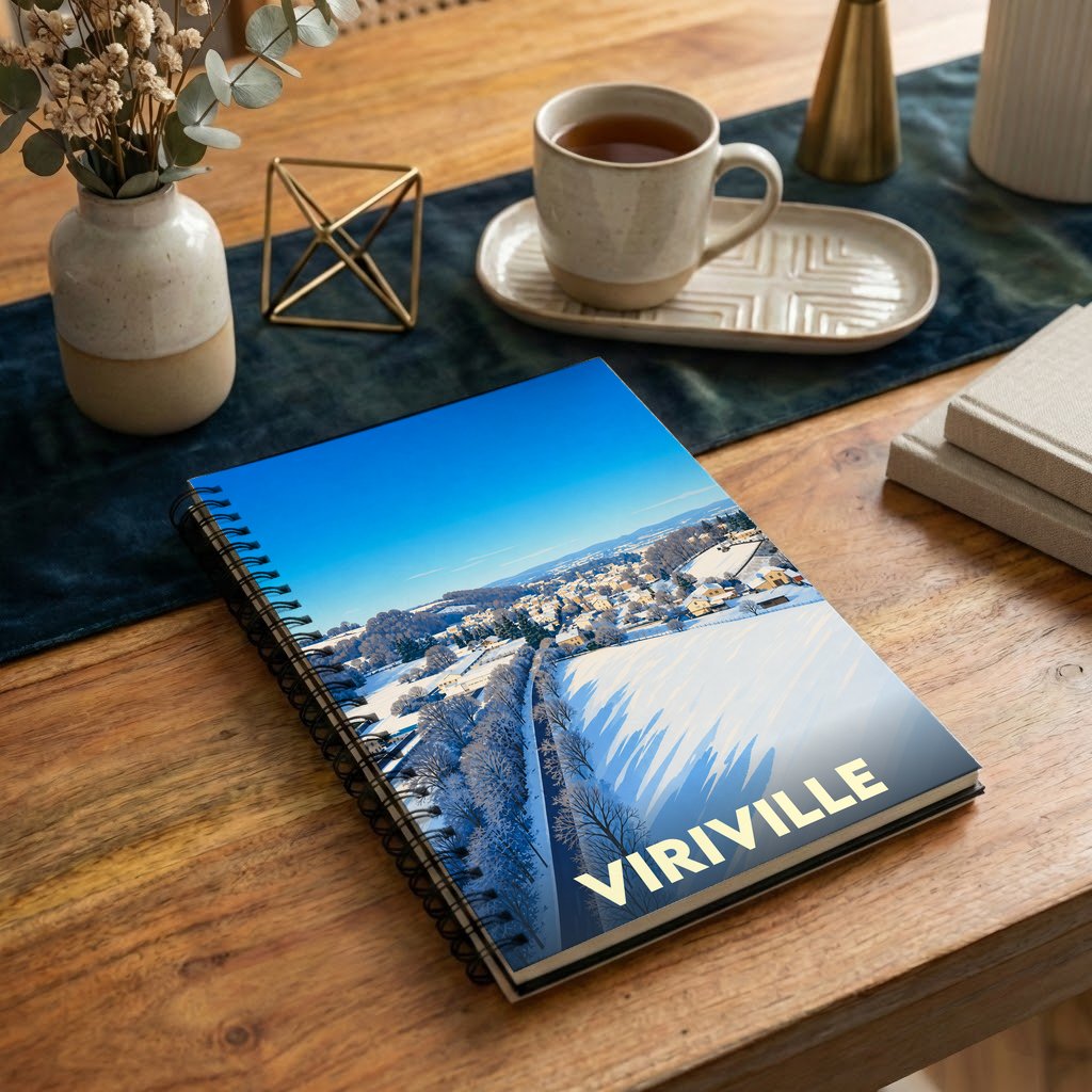 Carnet à spirales souvenir de la ville de Viriville avec une illustration hivernale stylisée.
