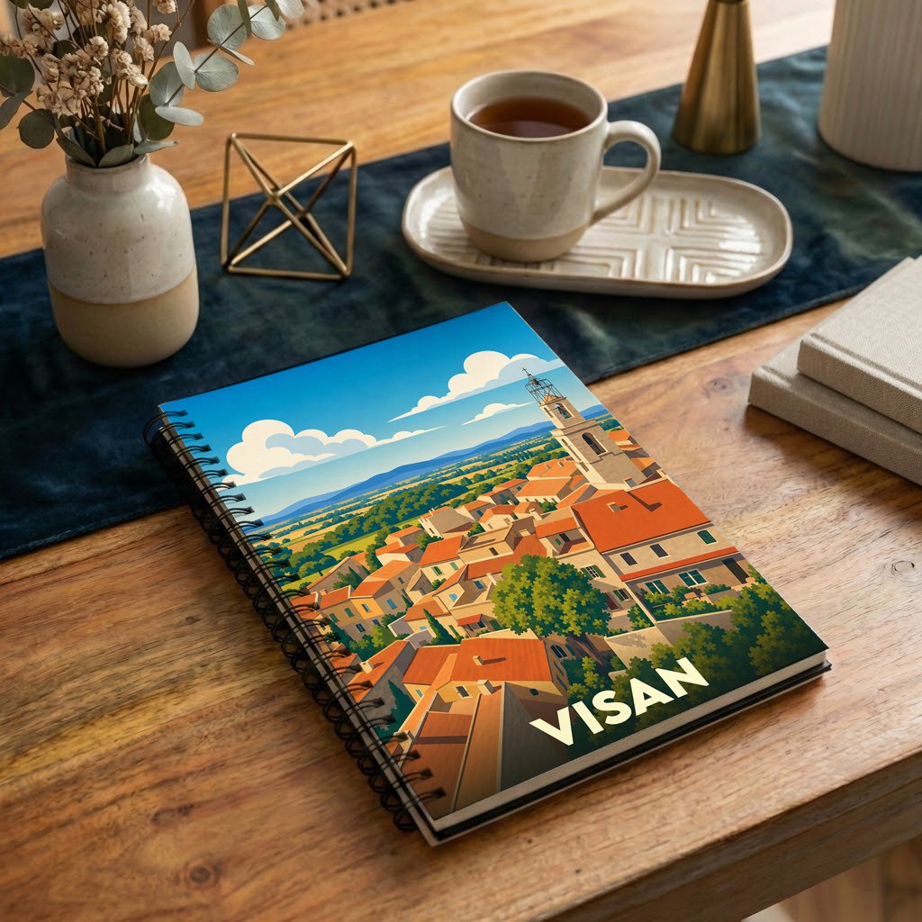 Carnet à spirale souvenir de la ville de Visan illustré d'un paysage urbain stylisé.