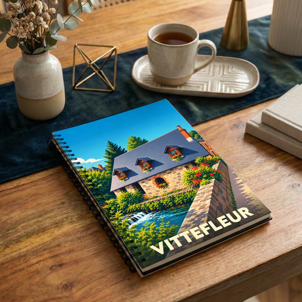 Carnet à spirales souvenir de la ville de Vittefleur avec une illustration colorée et stylisée d'une maison au bord de l'eau.