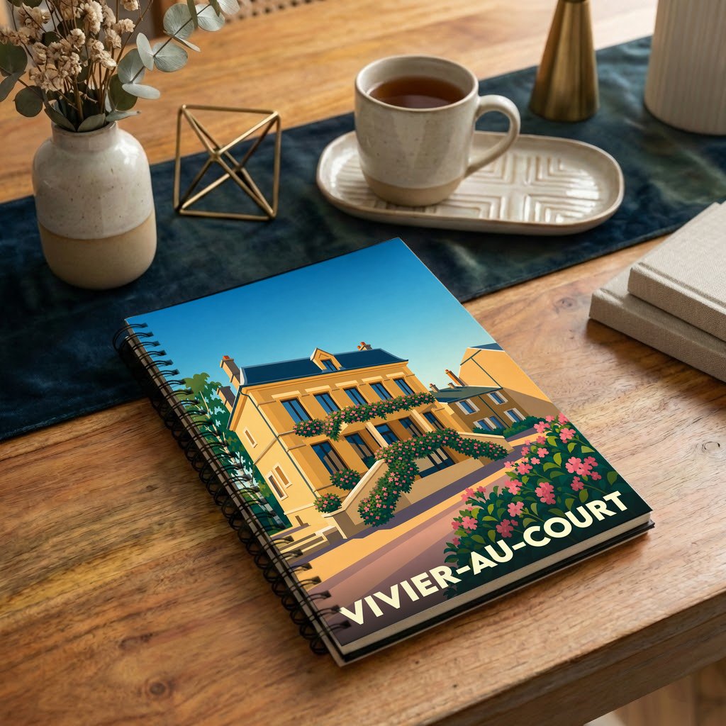 Carnet à spirales souvenir de la ville de Vivier-au-Court avec une illustration stylisée d'une maison fleurie.