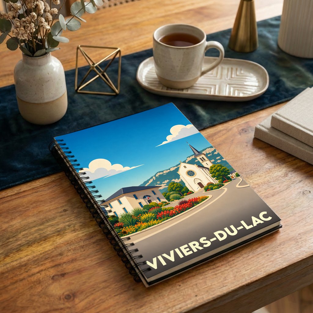 Carnet à spirales souvenir de la ville de Viviers-du-Lac avec une illustration stylisée.