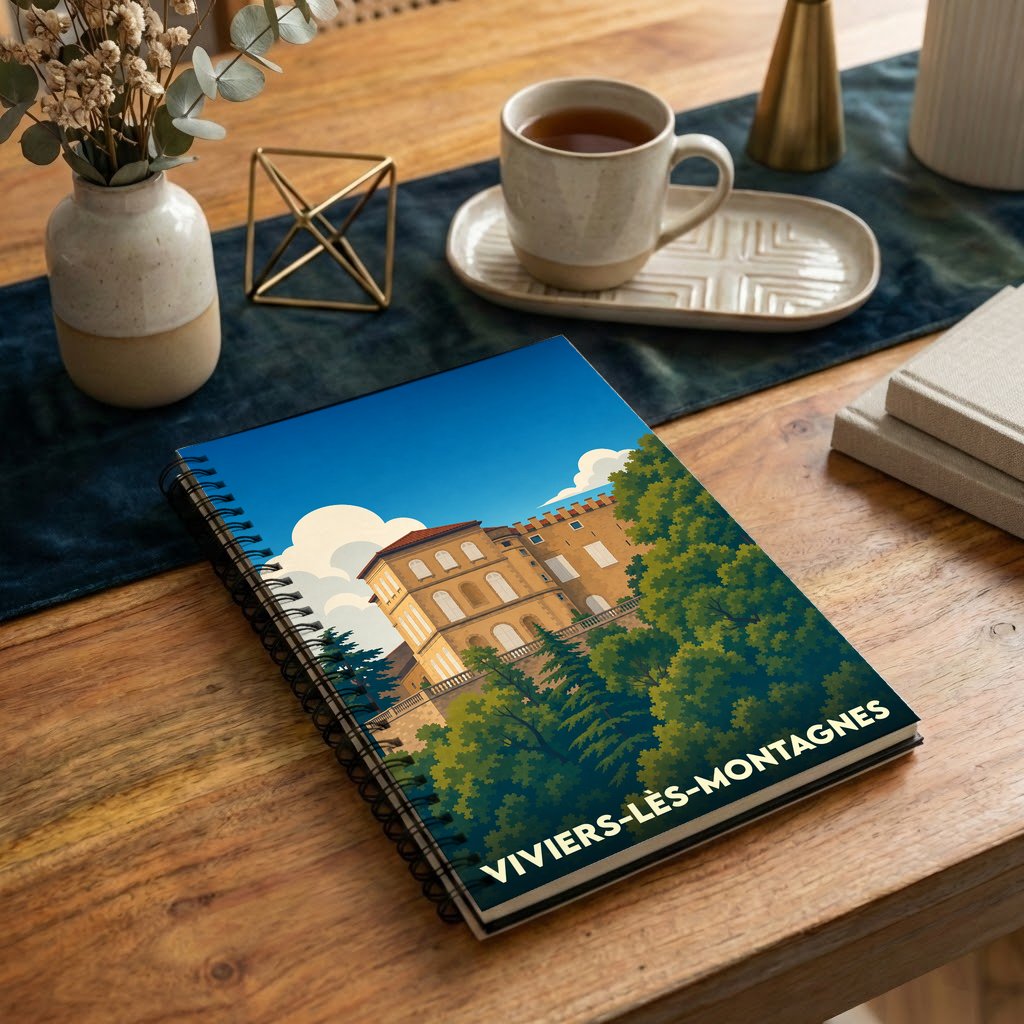 Carnet à spirales souvenir de Viviers-lès-Montagnes avec une illustration stylisée d'un château.