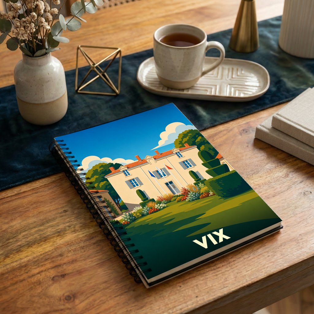 Carnet à spirales souvenir de la ville de Vix avec une illustration stylisée de sa mairie.