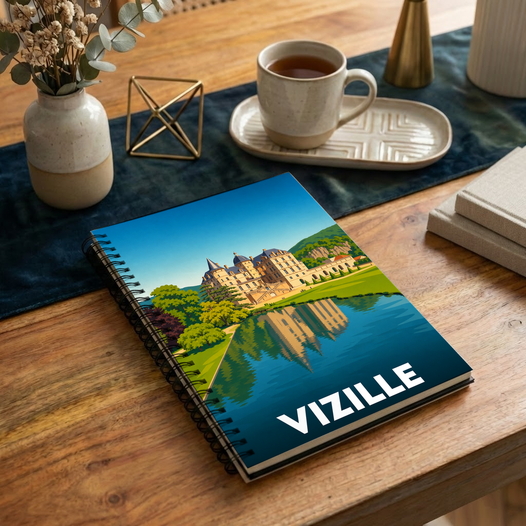 Carnet souvenir de la ville de Vizille avec une illustration stylisée de son château se reflétant dans l'eau.
