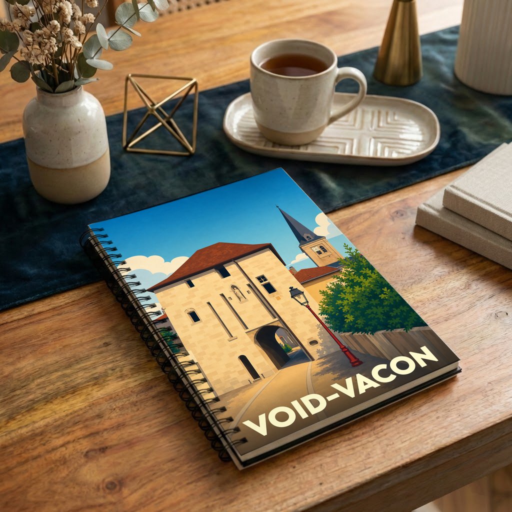 Carnet de notes souvenir de la ville de Void-Vacon avec une illustration stylisée de son patrimoine architectural.