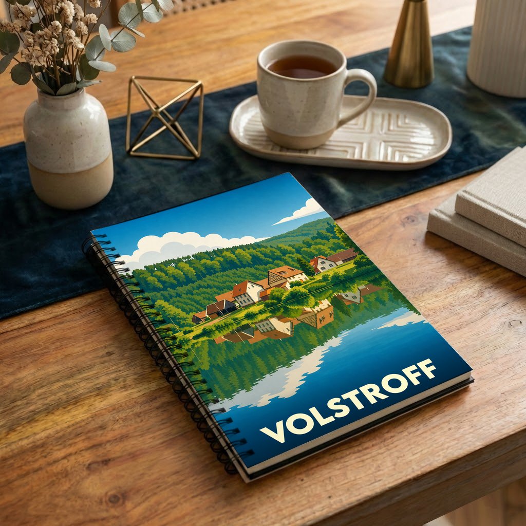 Carnet souvenir de la ville de Volstroff avec une illustration stylisée d'un village se reflétant dans l'eau.