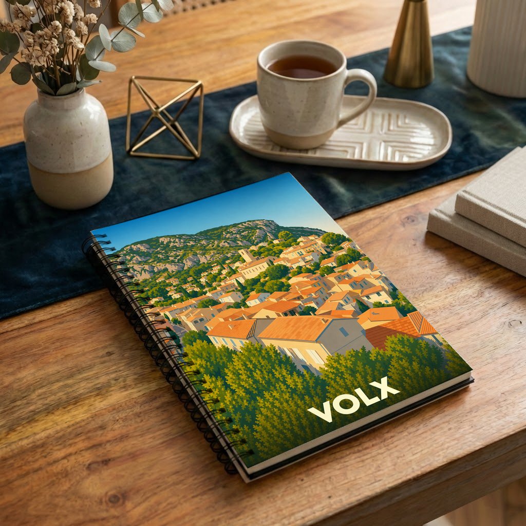 Carnet souvenir de la ville de Volx illustré d'un paysage urbain provençal stylisé.