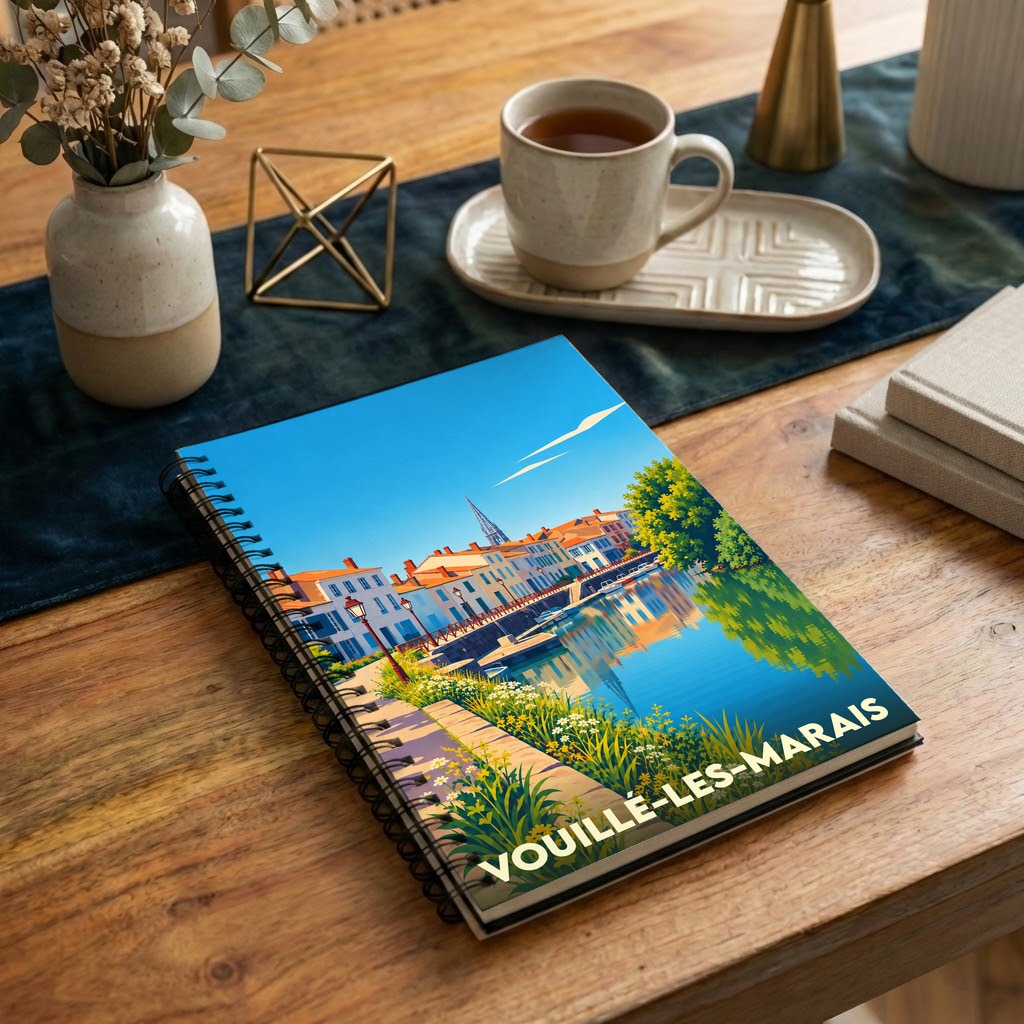 Carnet souvenir de la ville de Vouillé-les-Marais avec une illustration stylisée de son canal et de ses maisons.