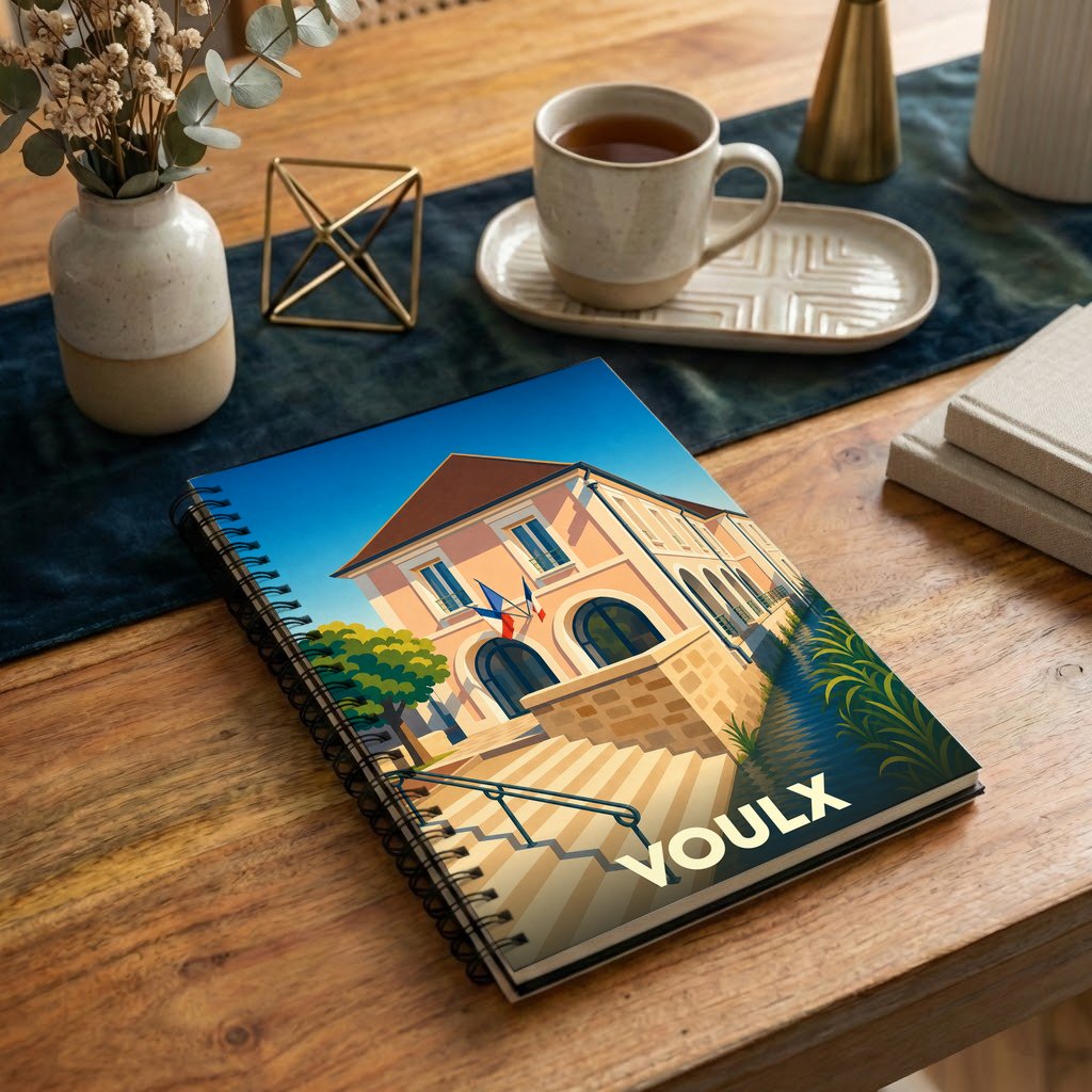 Carnet souvenir de la ville de Voulx avec une illustration stylisée.
