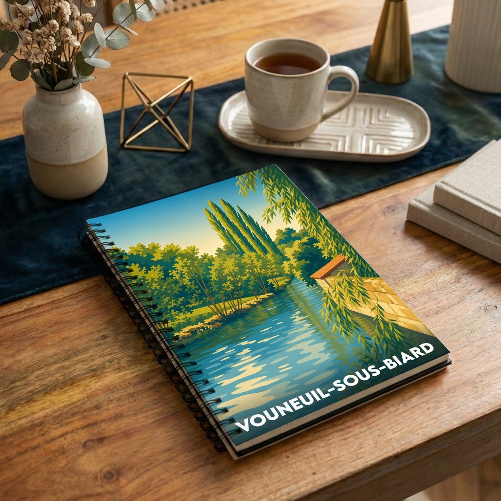 Carnet à spirales souvenir de la ville de Vouneuil-sous-Biard avec une illustration stylisée de ses bords de rivière.
