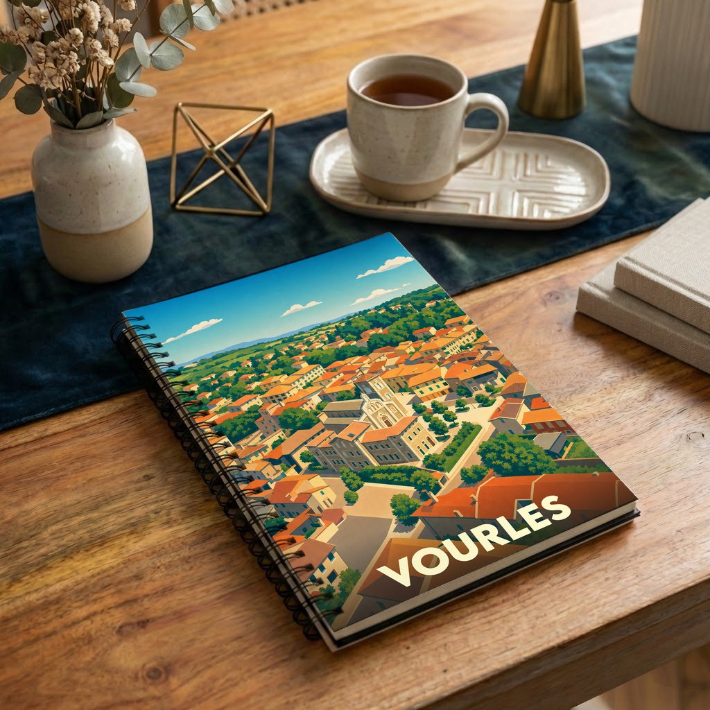 Carnet de notes à spirales souvenir de la ville de Vourles avec une illustration colorée et stylisée de ses toits.