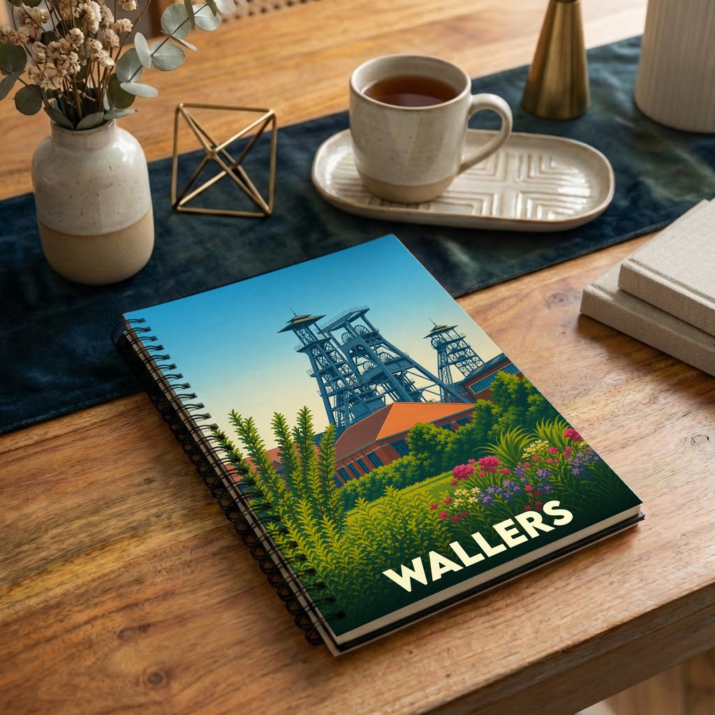 Carnet à spirales souvenir de la ville de Wallers avec une illustration stylisée d'un site minier.