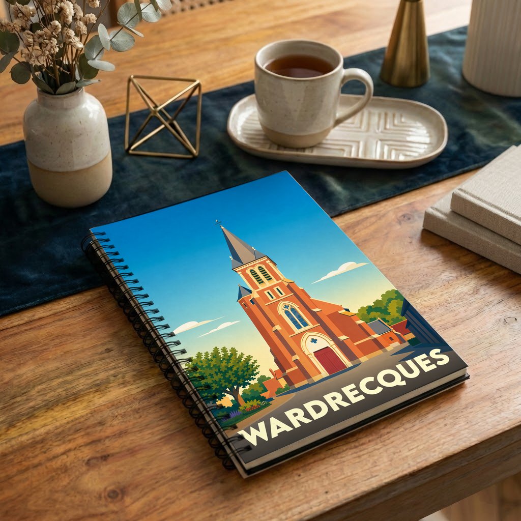 Carnet souvenir de la ville de Wardrecques avec une illustration stylisée de son église.