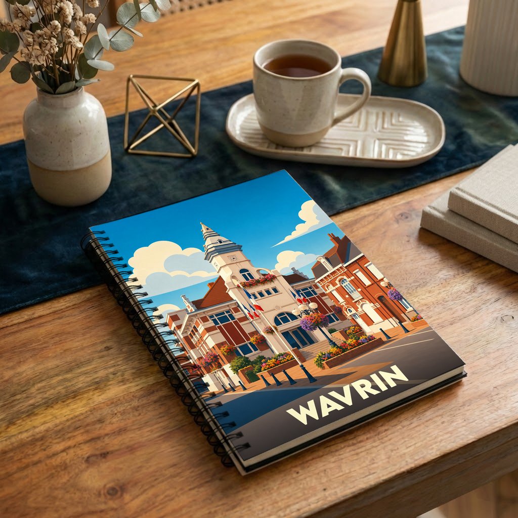 Carnet à spirale souvenir de la ville de Wavrin avec une illustration stylisée de son hôtel de ville.