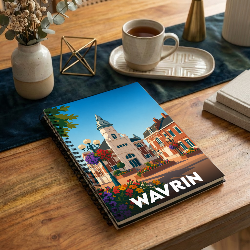 Carnet souvenir de la ville de Wavrin avec une illustration stylisée et colorée de son hôtel de ville.