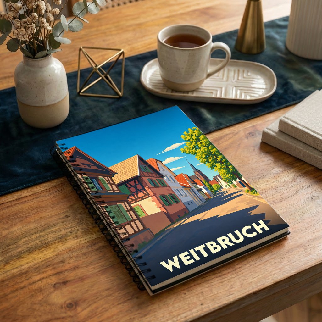 Carnet à spirales souvenir de la ville de Weitbruch avec une illustration stylisée de maisons alsaciennes.