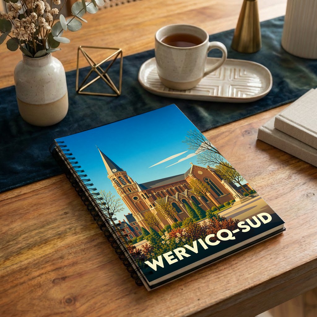 Carnet à spirales souvenir de la ville de Wervicq-Sud orné d'une illustration stylisée de son église.