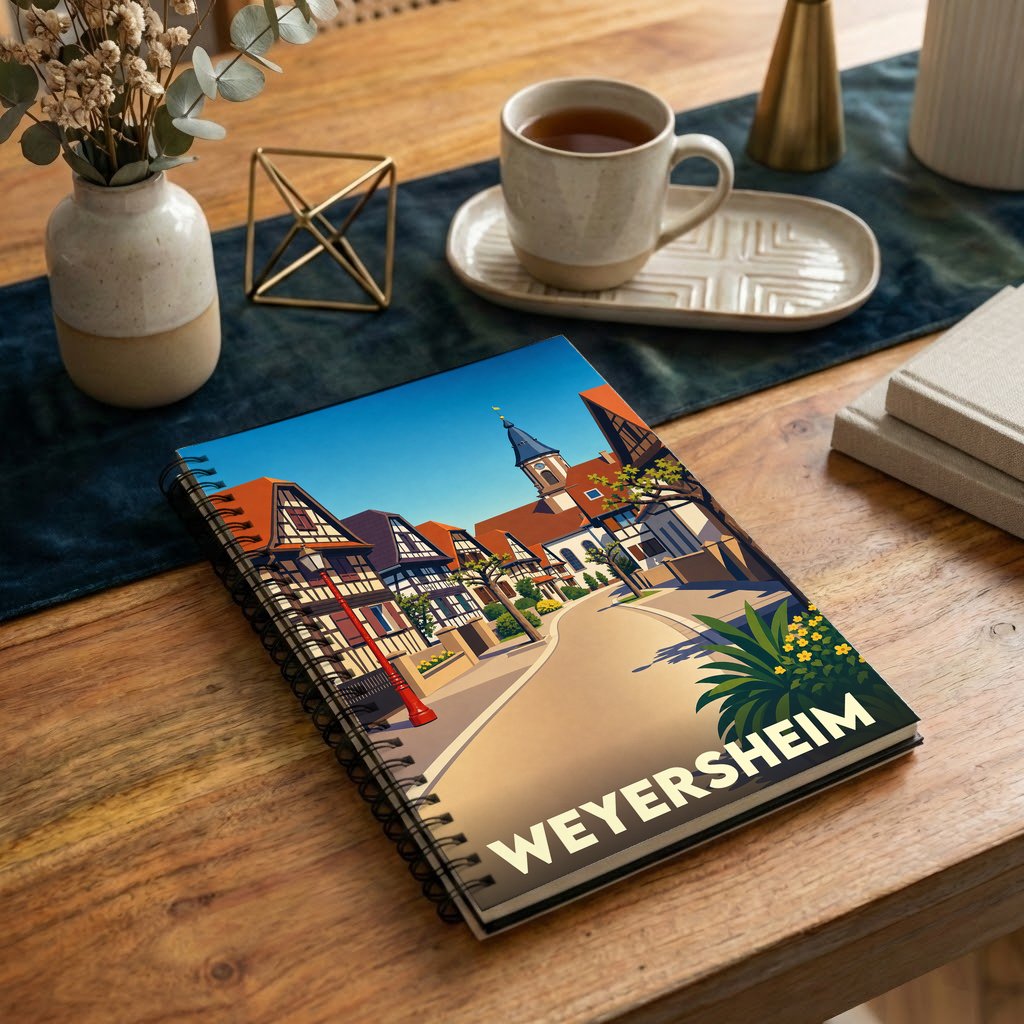 Carnet à spirale souvenir de la ville de Weyersheim avec une illustration stylisée de ses maisons à colombages.