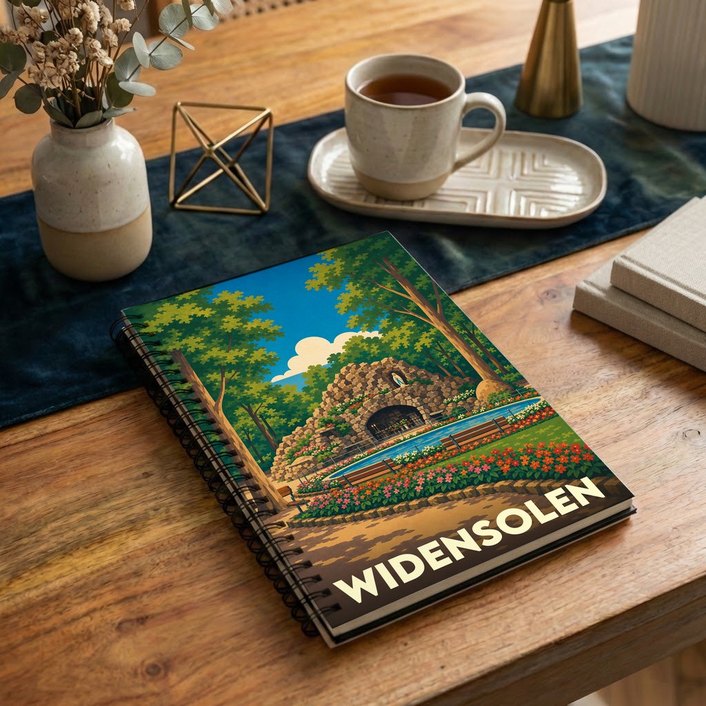 Carnet à spirales souvenir de la ville de Widensolen avec une illustration colorée représentant sa grotte.