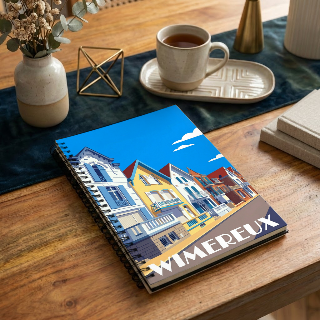 Carnet à spirales souvenir de la ville de Wimereux avec une illustration stylisée de ses façades colorées.