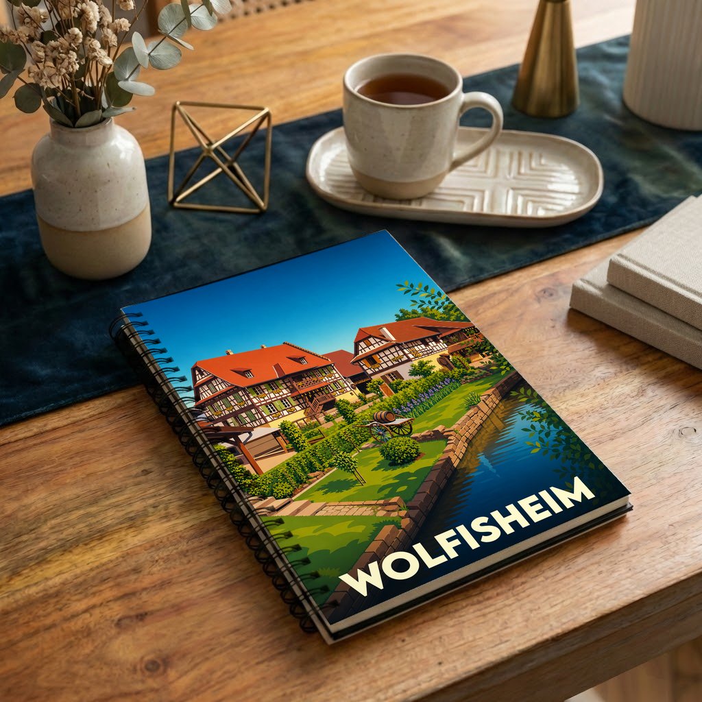 Carnet à spirales souvenir de la ville de Wolfisheim avec une illustration stylisée de maisons à colombages au bord de l'eau.
