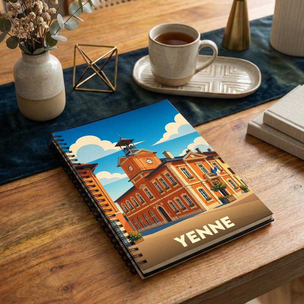Carnet souvenir de la ville de Yenne orné d'une illustration stylisée de son architecture emblématique sous un ciel azur.