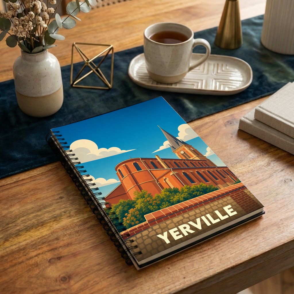 Carnet à spirales souvenir de la ville de Yerville illustré d'un dessin stylisé de son église sous un ciel bleu.
