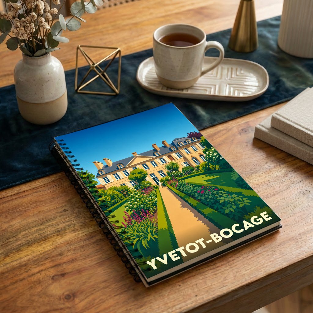 Carnet souvenir de la ville de Yvetot-Bocage avec une illustration stylisée d'un château et de ses jardins.